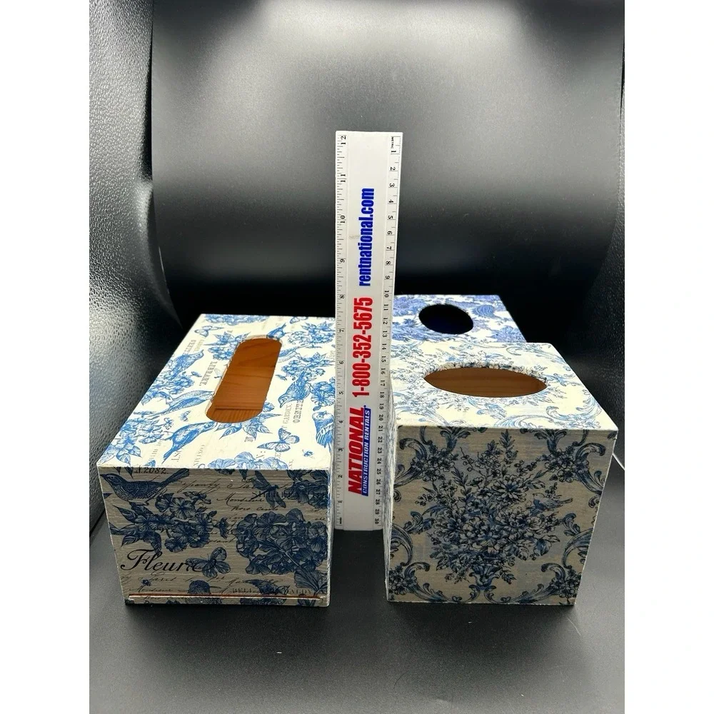 Lot Of 3 Tissue Box Covers Blue And White Chinoiserie Floral And Bird 2 Wooden